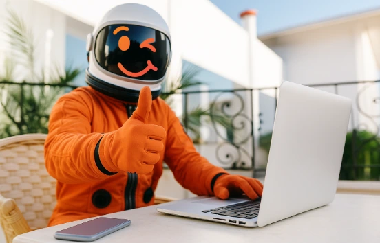 Usmívající kosmonaut sedí u laptopu a ukazuje zdvižený palec do kamery